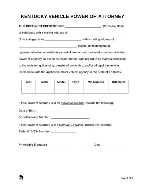 Free Kentucky Motor Vehicle Power of Attorney Form - Word | PDF – eForms