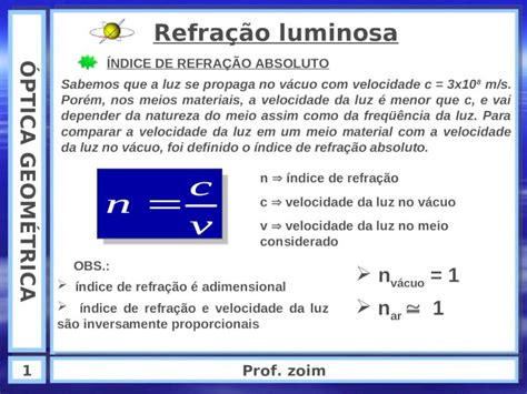 Ppt Ptica Geom Trica Prof Zoim Refra O Luminosa Ndice De