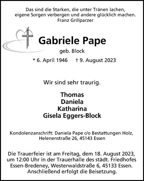 Traueranzeigen Von Gabriele Pape Trauer In NRW De