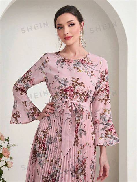 Shein Modely Floral Print Flounce Sleeve Pleated Hem Belted Dress