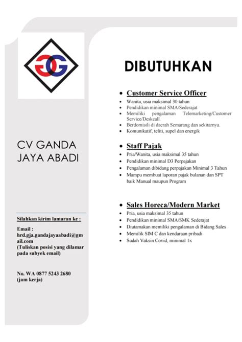 Lowongan Kerja Customer Service Officer Staff Pajak Sales Horeca