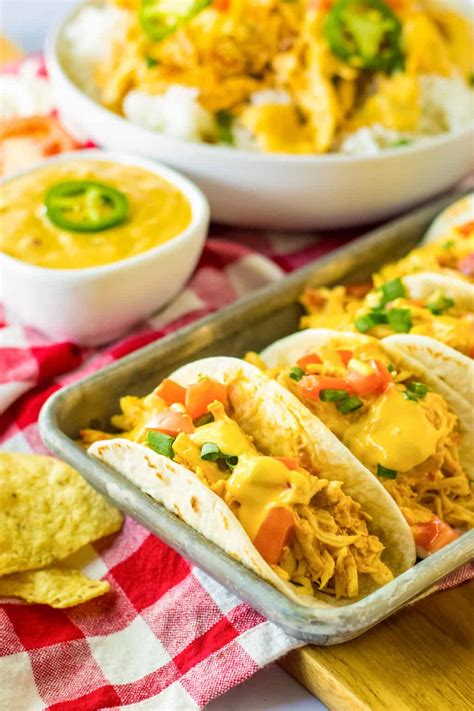 Slow Cooker Queso Chicken Tacos Easy 4 Ingredient Recipe