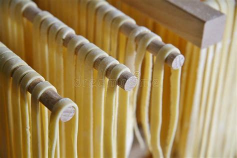 Handmade Fresh Pasta Drying On Wooden Rack Dryer Italy Aesthetic