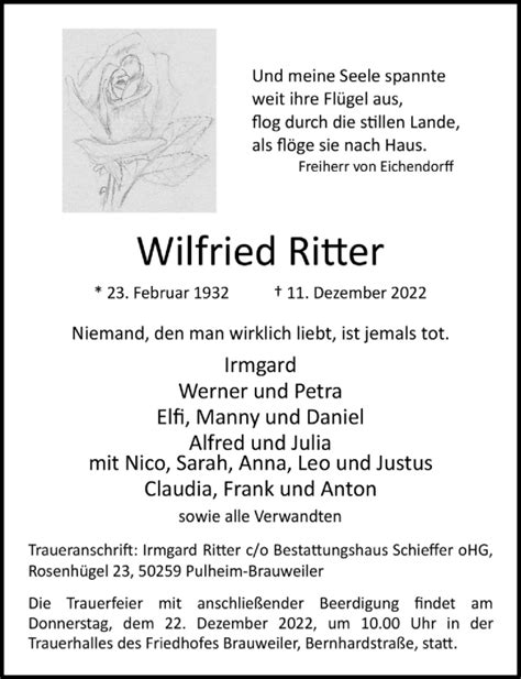 Traueranzeigen Von Wilfried Ritter Wirtrauern