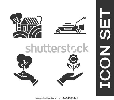 Set Hand Holding Flower Farm House Stock Vector Royalty Free