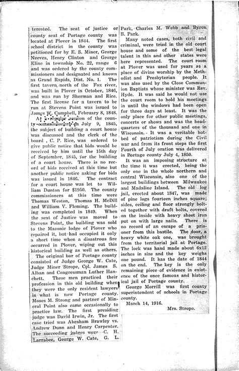 Early History Of Wisconsin And Portage County Newspaper Article