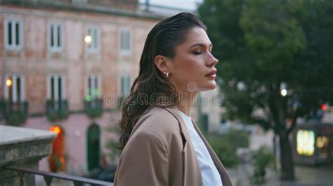 Trendy Brunette Standing Street Enjoying Carefree Weekend Leisure Close Up Stock Image Image