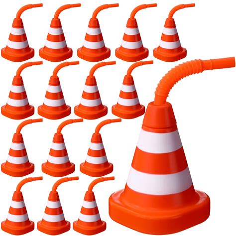 16 Pack Construction Cone Cups with Straws Bulk Fun Traffic Cones Party Favor 10oz Plastic ...