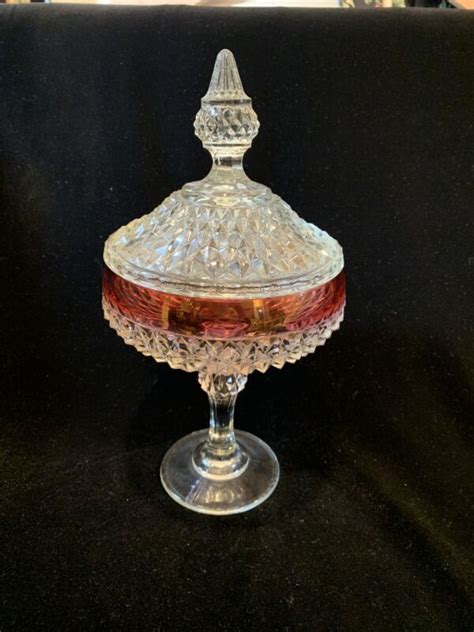 Eapg Crystal And Ruby Cranberry Glass Compote Candy Dish And Lid Diamond