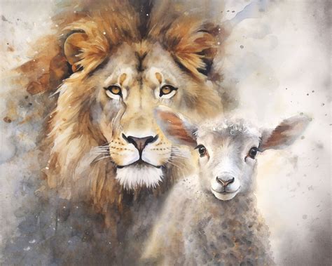 Lion And The Lamb Watercolor Digital Download Lion Lamb Christ