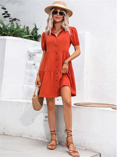 Shein Vcay Puff Sleeve Ruffle Hem Shirt Dress Shein Usa