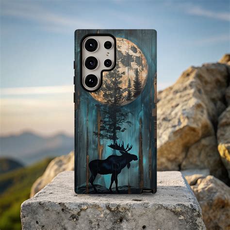 Moose in the Moonlight, Rustic Wood Effect Phone Case, Tough Case