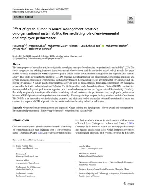 Effect Of Green Human Resource Management Practices On Organizational Sustainability The