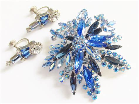 Vintage Sherman Blue Rhinestone Flower Brooch And Earrings Signed By