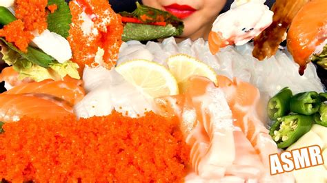 TOBIKO EGGS FLYING FISH ROE FLATFISH SALMON SASHIMI ASMR MUKBANG