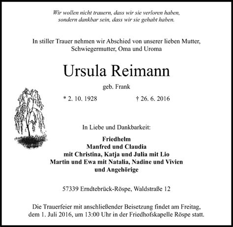 Traueranzeigen Von Ursula Reimann Trauer In Nrw De