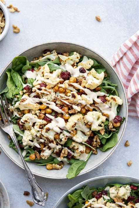 Roasted Cauliflower Chickpea Salad With Garlic Tahini Dressing