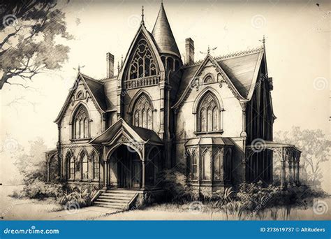 Detailed Pencil Sketch of Gothic House, with Windows and Doors in Place Stock Image - Image of ...