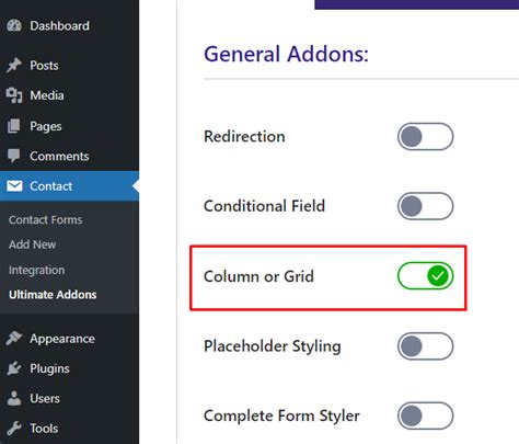 contact form  columns show cf form fields     columns