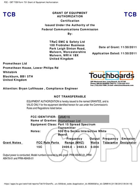 Fillable Online FCC OET TCB Form 731 Grant Of Equipment