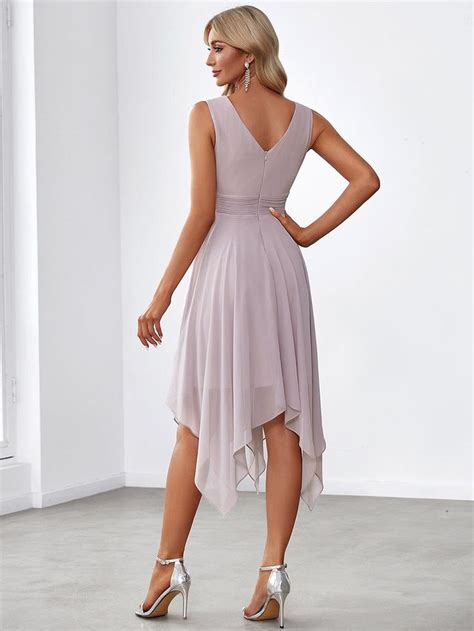 V Neck Ruched Asymmetrical Hems Midi Chiffon Bridesmaid Dress Vetements