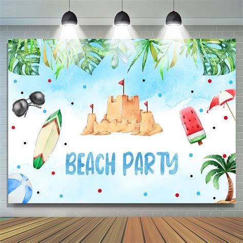 Green Monsteras Cool Summer Blue Beach Party Backdrop - Lofaris