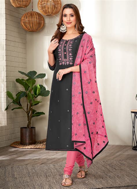 Buy Chanderi Embroidered Churidar Designer Suit In Black Online