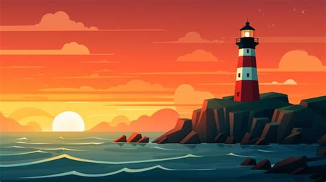 Premium Vector A Painting Of A Lighthouse With The Sun Setting Behind It