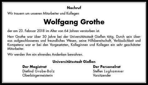 Traueranzeigen Von Wolfgang Grothe Vrm Trauer De