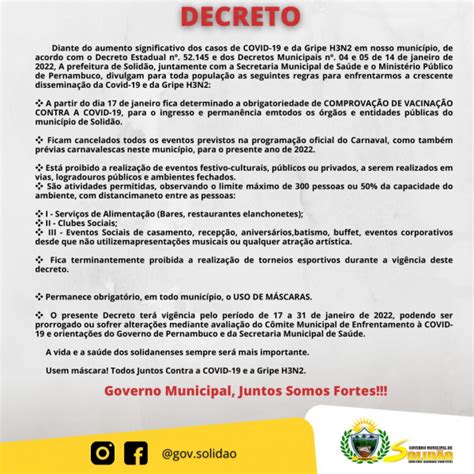 Atenção as Regras dos Novos Decretos Prefeitura Municipal de Solidão