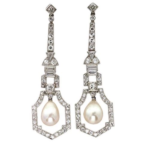 A Pair Of Art Deco Natural Pearl And Diamond Drop Earrings For Sale At