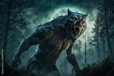 Terrifying werewolf in the forest with full moon Stock Illustration ...