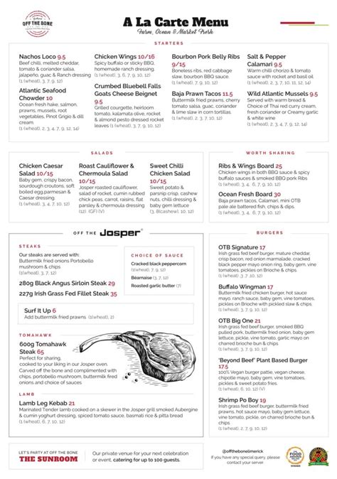 Otb A La Carte Menu Off The Bone Gastropub