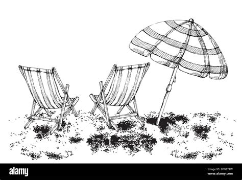 Hand Drawn Vector Ink Composition Striped Beach Accessories Umbrellas