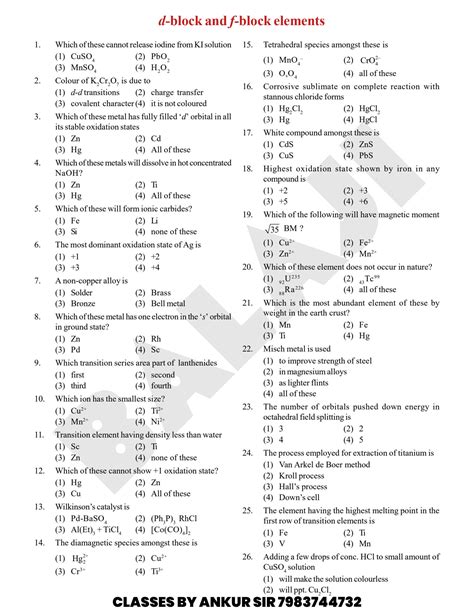 Solution Chemistry Class Xii D F Block Elements Neet Jee Test