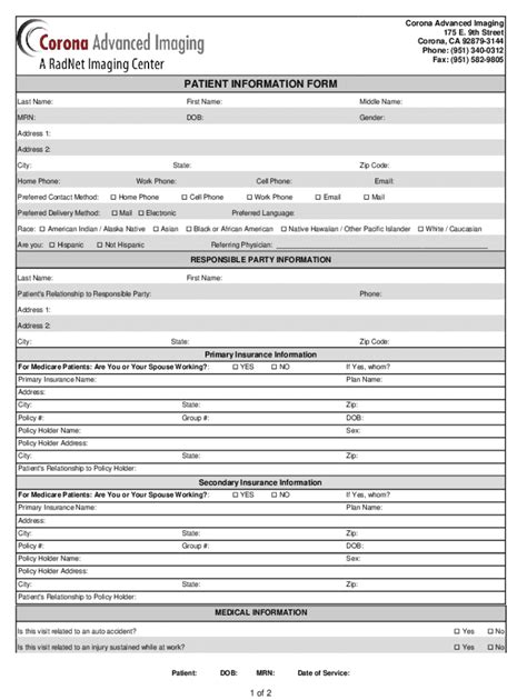 Fillable Online History Ct Patient History Form Radnet Fax Email