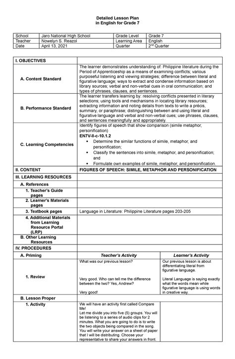 Detailed Lp Figure Of Speech Detailed Lesson Plan In English For