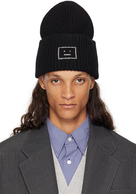 Acne Studios Black Embellished Face Logo Beanie SSENSE UK