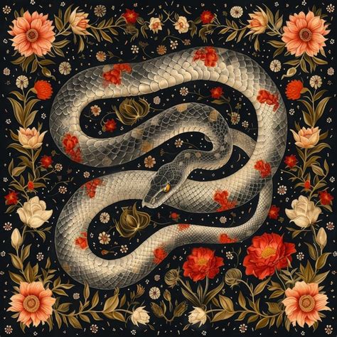 A Black And White Snake With Flowers And A Black Background Premium