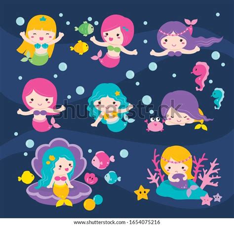 Set Cute Cartoon Mermaids Stock Vector Royalty Free 1654075216 Shutterstock