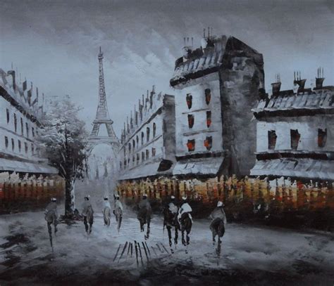 Paris Street with Eiffel Tower in Black and White Oil Painting ...