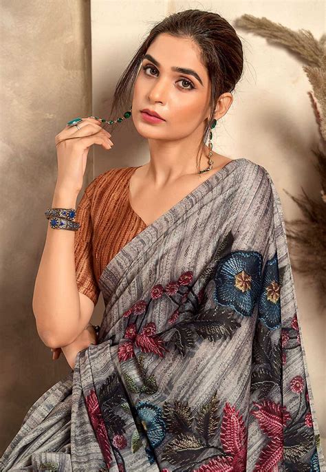 Buy Digital Printed Crepe Saree In Grey Online SPF10492 Utsav Fashion