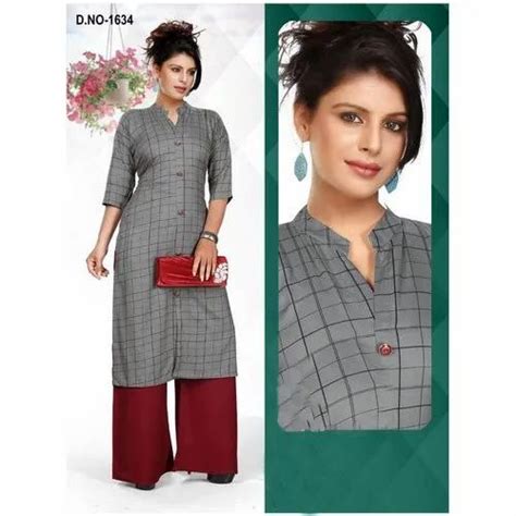 Straight 3 4th Sleeve Designer Check Cotton Kurtis Size L Xxl Wash