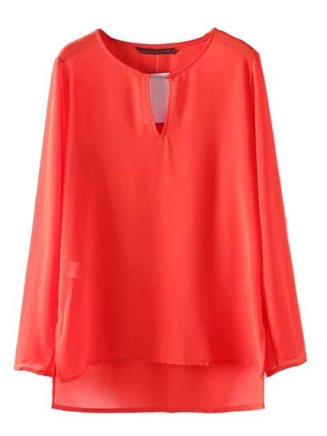 Red Long Sleeve High Low Chiffon Blouse Chiffon Blouse Red Long Sleeve Tops Chiffon Blouse