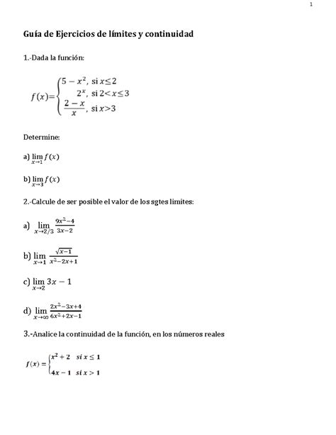 Guia De Ejercicios Limites Y Continuidad C Lculo I Gu A De