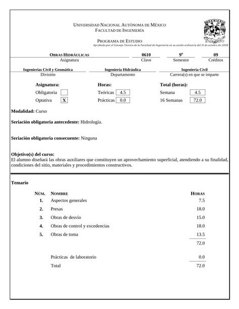 PDF Ingenierías Civil y Geomática Ingeniería Hidráulica OBRAS