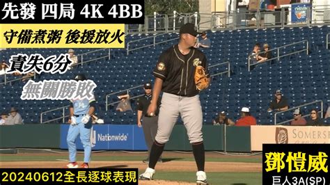 20240612鄧愷威巨人3a先發逐球｜先發四局4k4bb首局亂流後回穩守備煮粥挨兩轟無關勝敗 Youtube