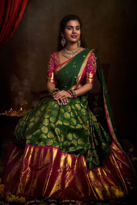 Kanjiveram Silk Dark Green Color Lahenga Choli Half Silk Saree Lahenga