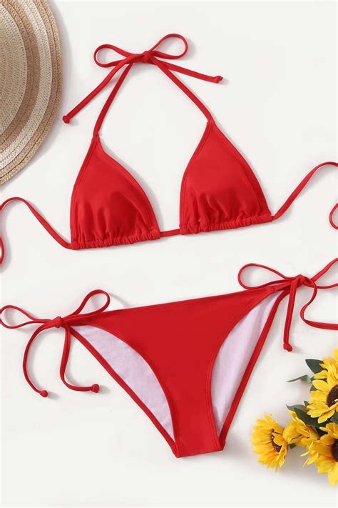 Shein bikini con cordón triángulo rojo Vezia