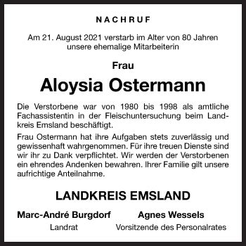 Traueranzeigen Von Aloysia Ostermann Noz Trauerportal